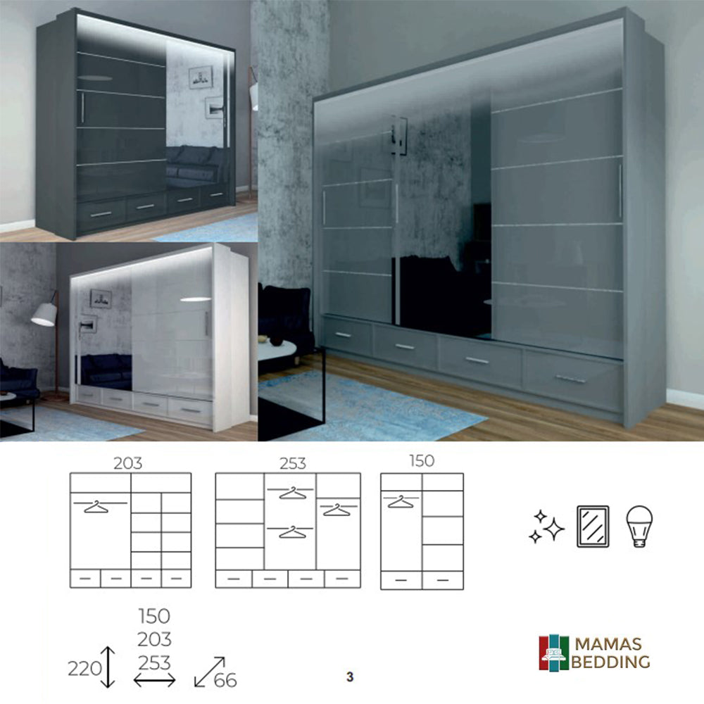 Sycylia Sliding Wardrobe With Mirror In Three Different Sizes