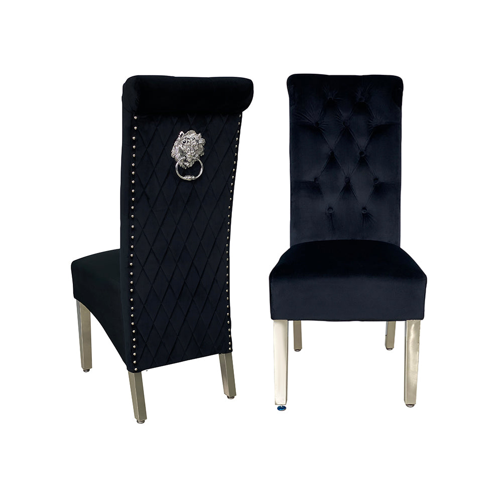 Sofa Dining Chair in Black velvet Fabric Lion Knocker Back with Chrome Polished Steel Legs (Set of 2 chairs)