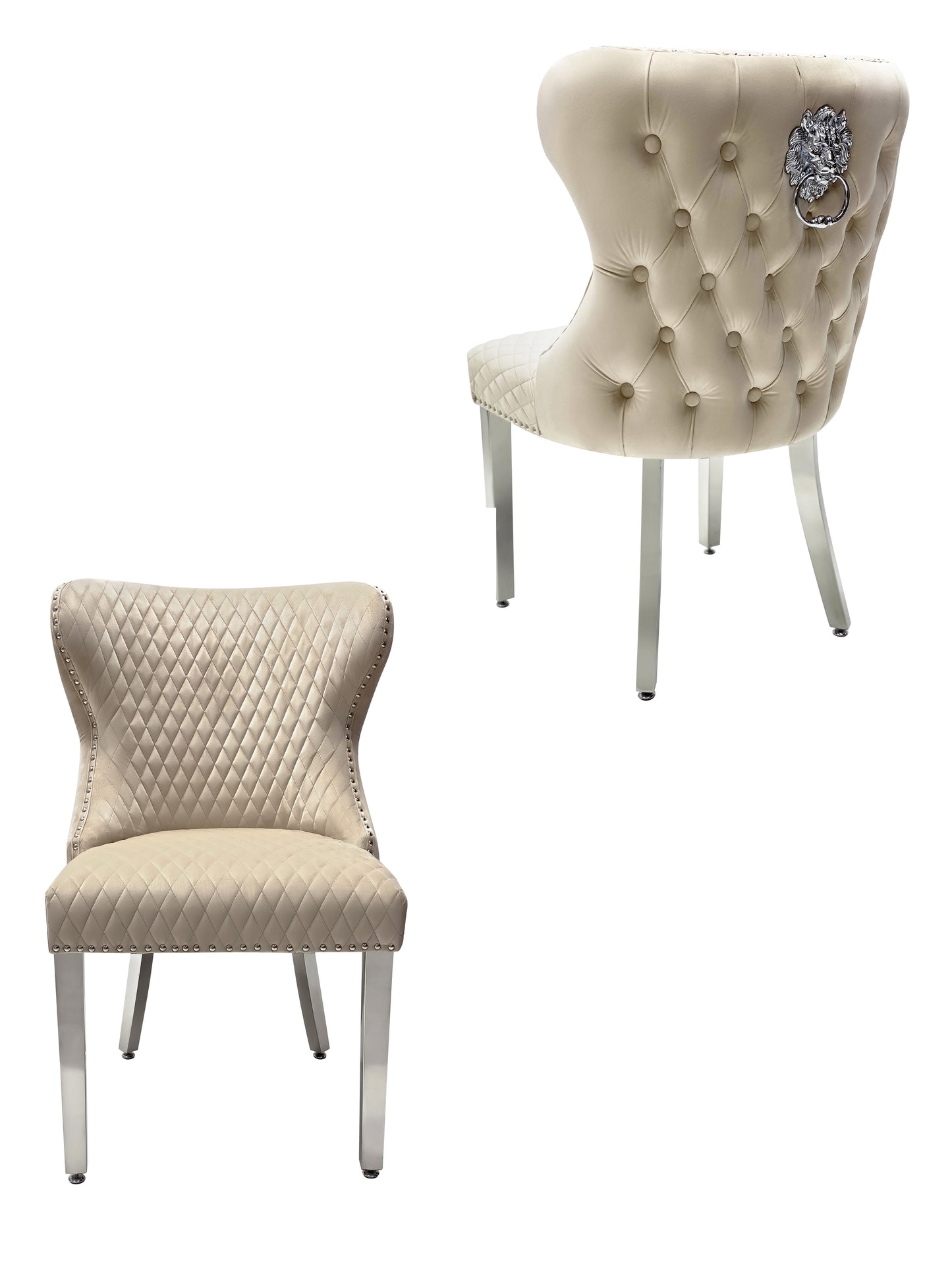Dining Chair in Mink Plush Velvet Lion Knocker Head Lewis Buttoned Back Quilted Front Studs on the Edge with Chrome Legs (Set of 2 chairs)