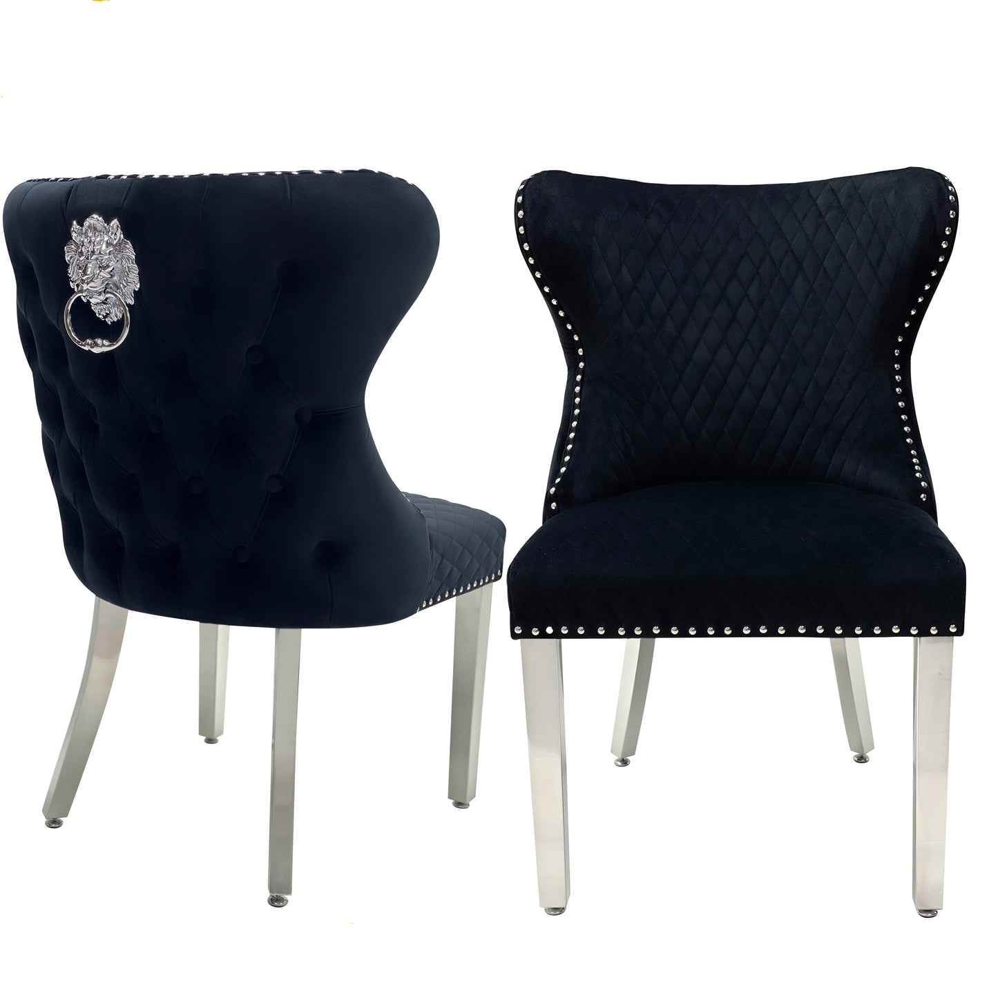 Dining Chair in Black Plush Velvet Lion Knocker Head Lewis Buttoned Back Quilted Front Studs on the Edge with Chrome Legs (Set of 2 chairs)