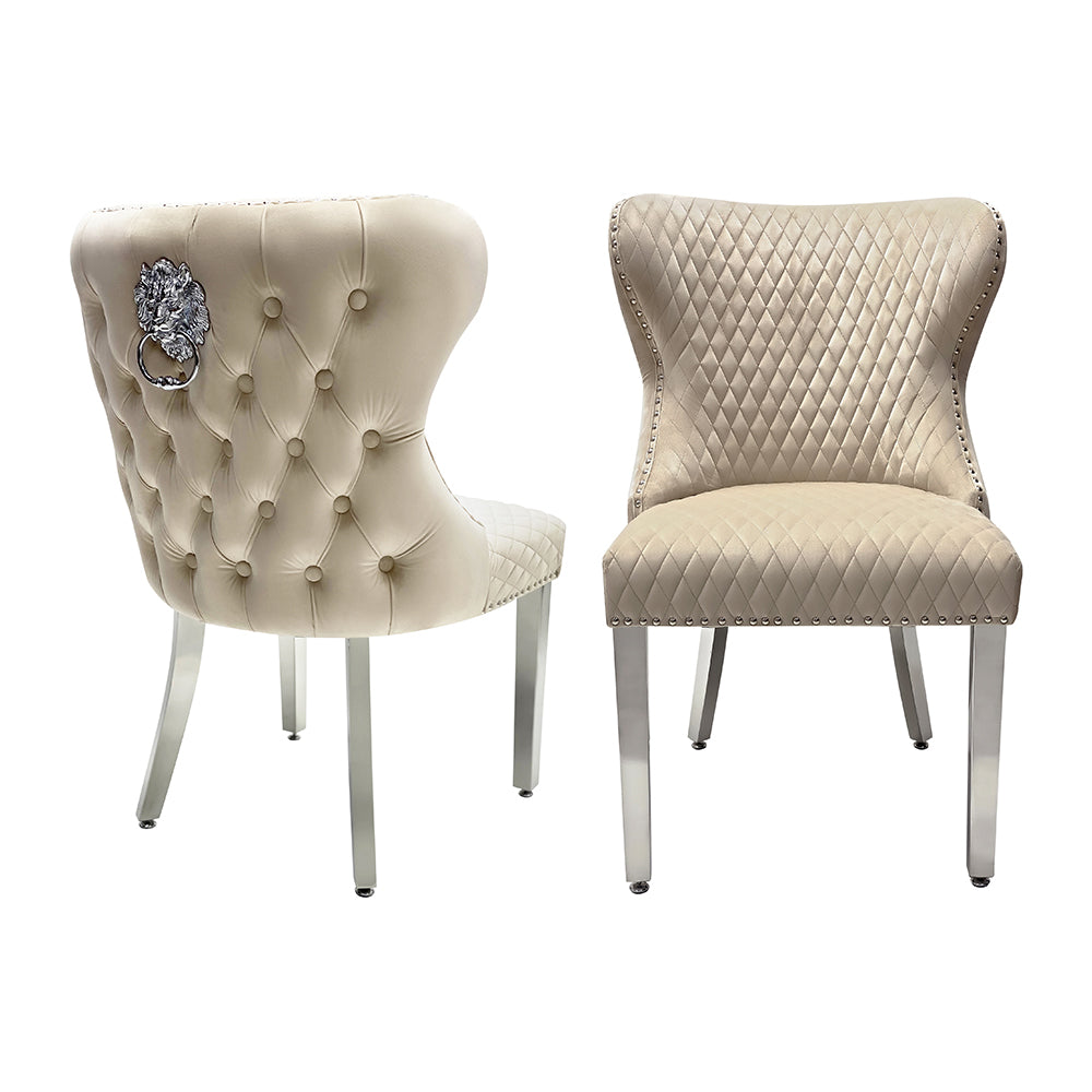 Dining Chair in Mink Plush Velvet Lion Knocker Head Lewis Buttoned Back Quilted Front Studs on the Edge with Chrome Legs (Set of 2 chairs)