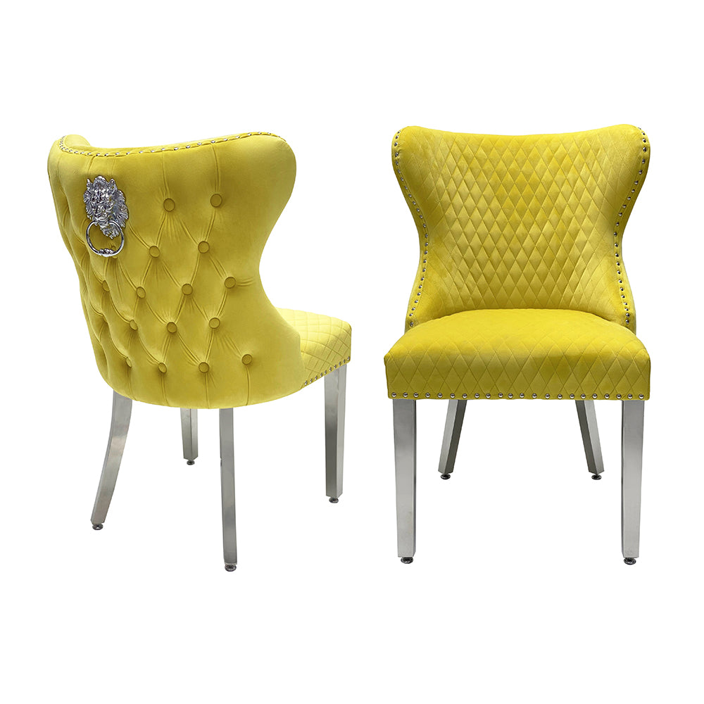 Dining Chair in Mustard Plush Velvet Lion Knocker Head Lewis Buttoned Back Quilted Front Studs on the Edge with Chrome Legs (Set of 2 chairs)