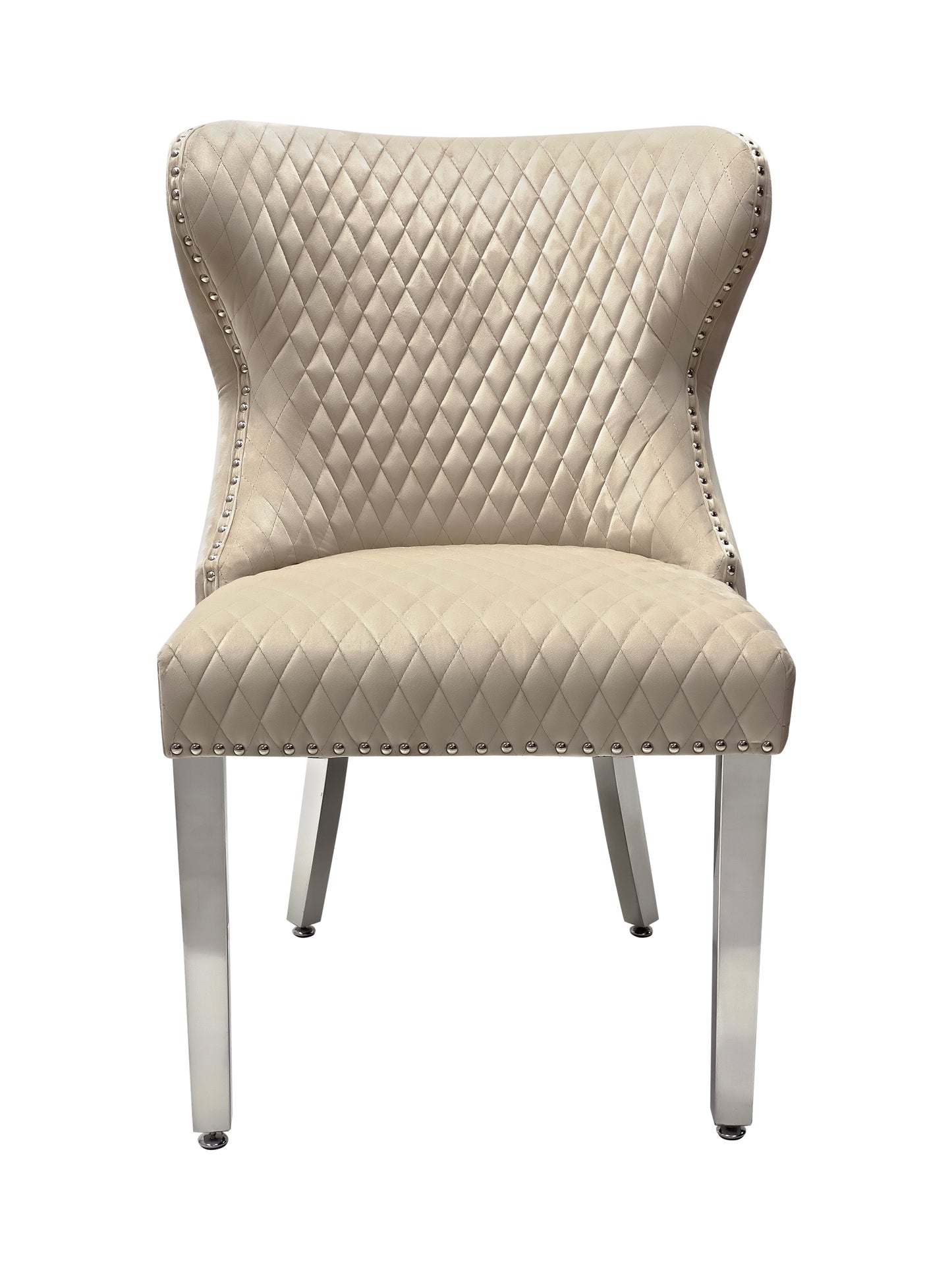 Dining Chair in Mink Plush Velvet Lion Knocker Head Lewis Buttoned Back Quilted Front Studs on the Edge with Chrome Legs (Set of 2 chairs)