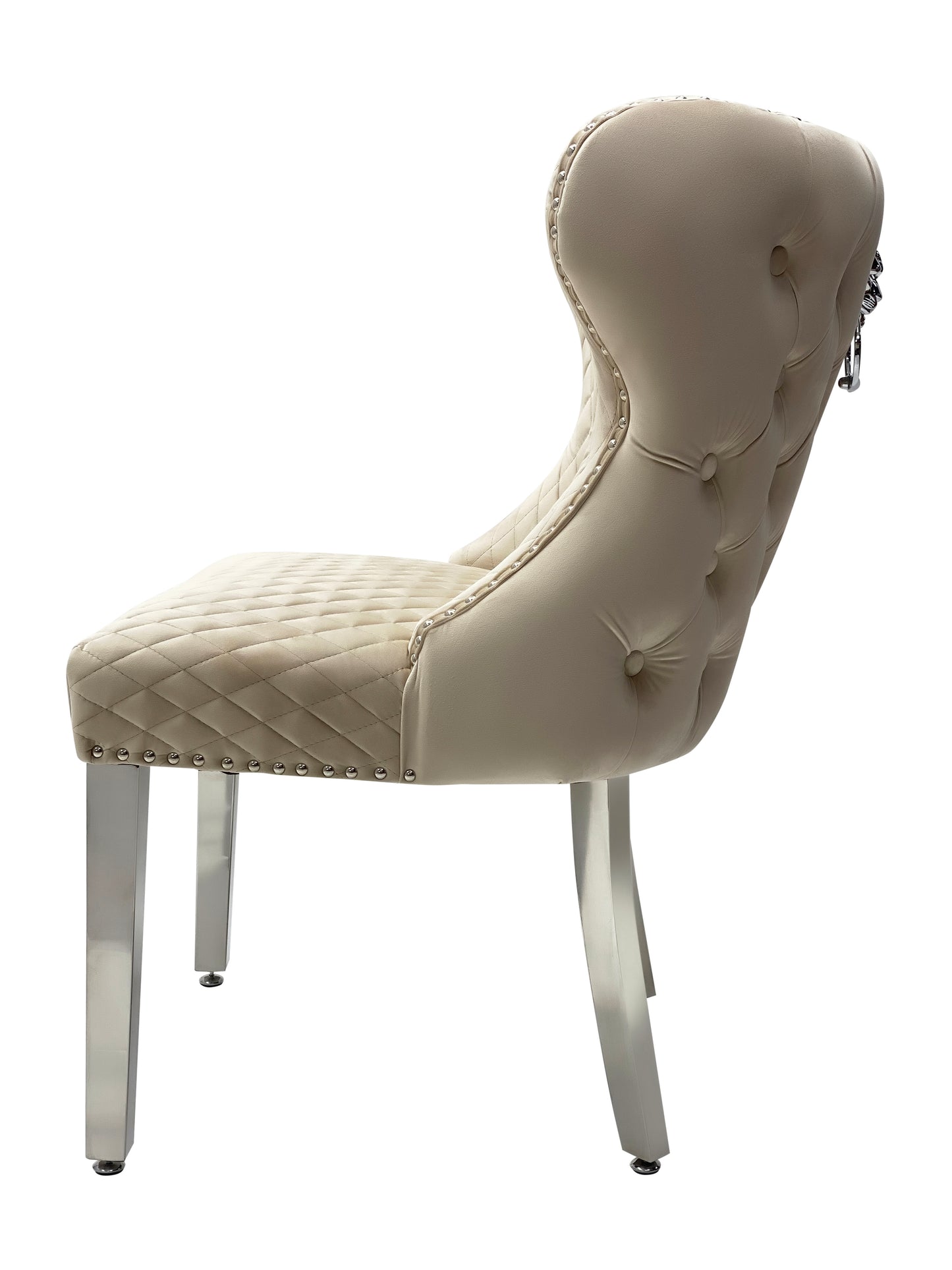 Dining Chair in Mink Plush Velvet Lion Knocker Head Lewis Buttoned Back Quilted Front Studs on the Edge with Chrome Legs (Set of 2 chairs)