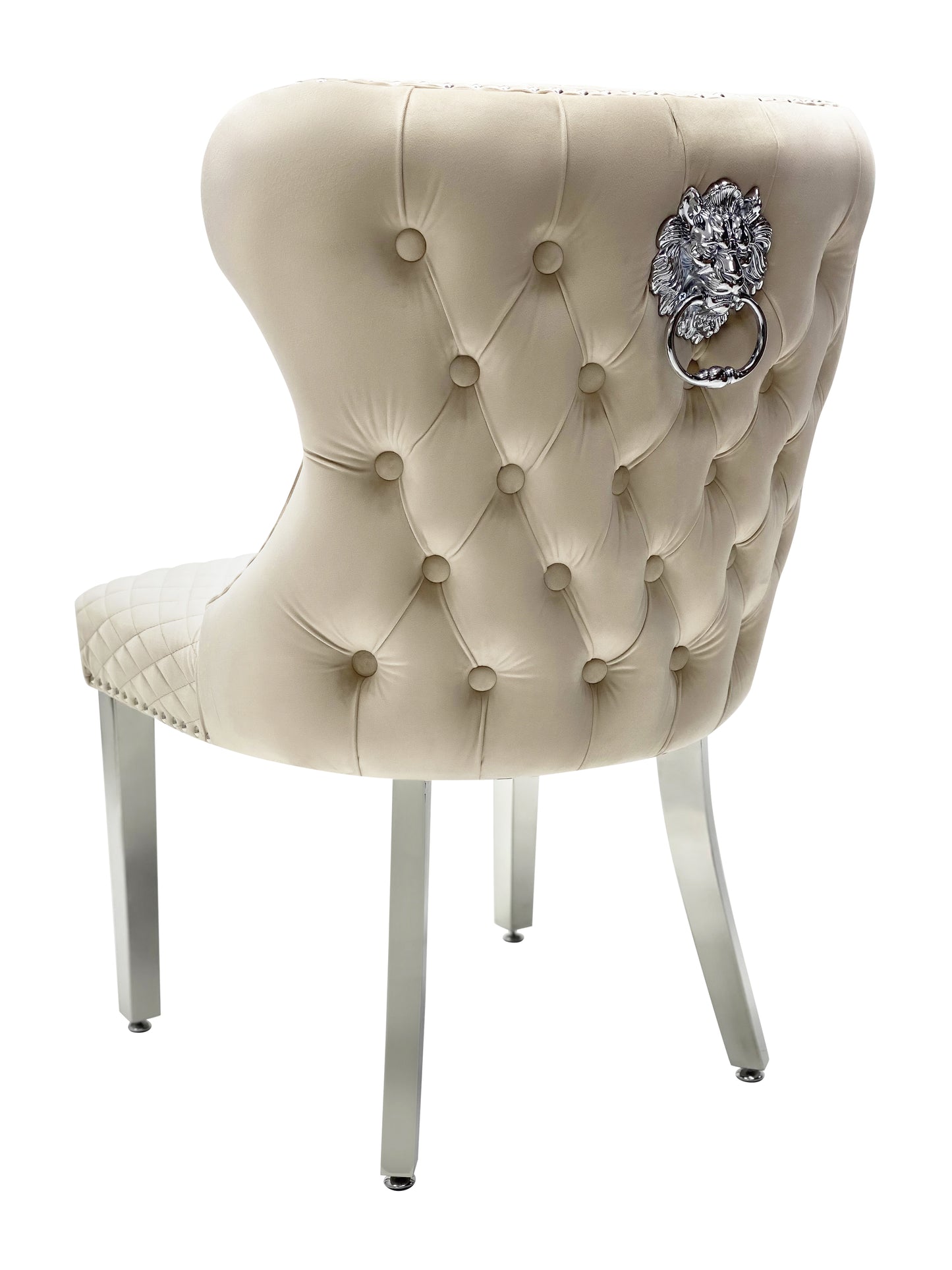 Dining Chair in Mink Plush Velvet Lion Knocker Head Lewis Buttoned Back Quilted Front Studs on the Edge with Chrome Legs (Set of 2 chairs)