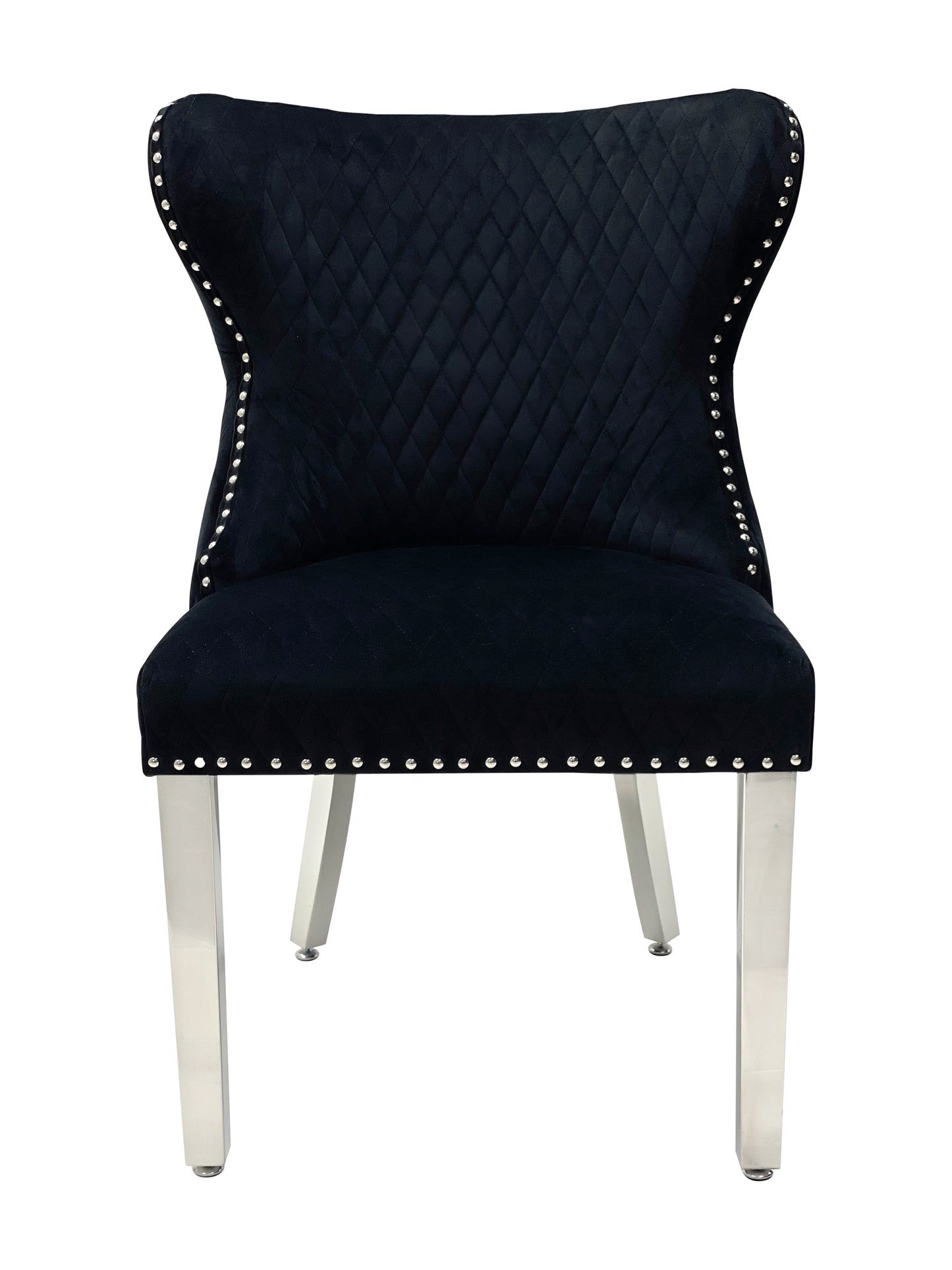 Dining Chair in Black Plush Velvet Lion Knocker Head Lewis Buttoned Back Quilted Front Studs on the Edge with Chrome Legs (Set of 2 chairs)
