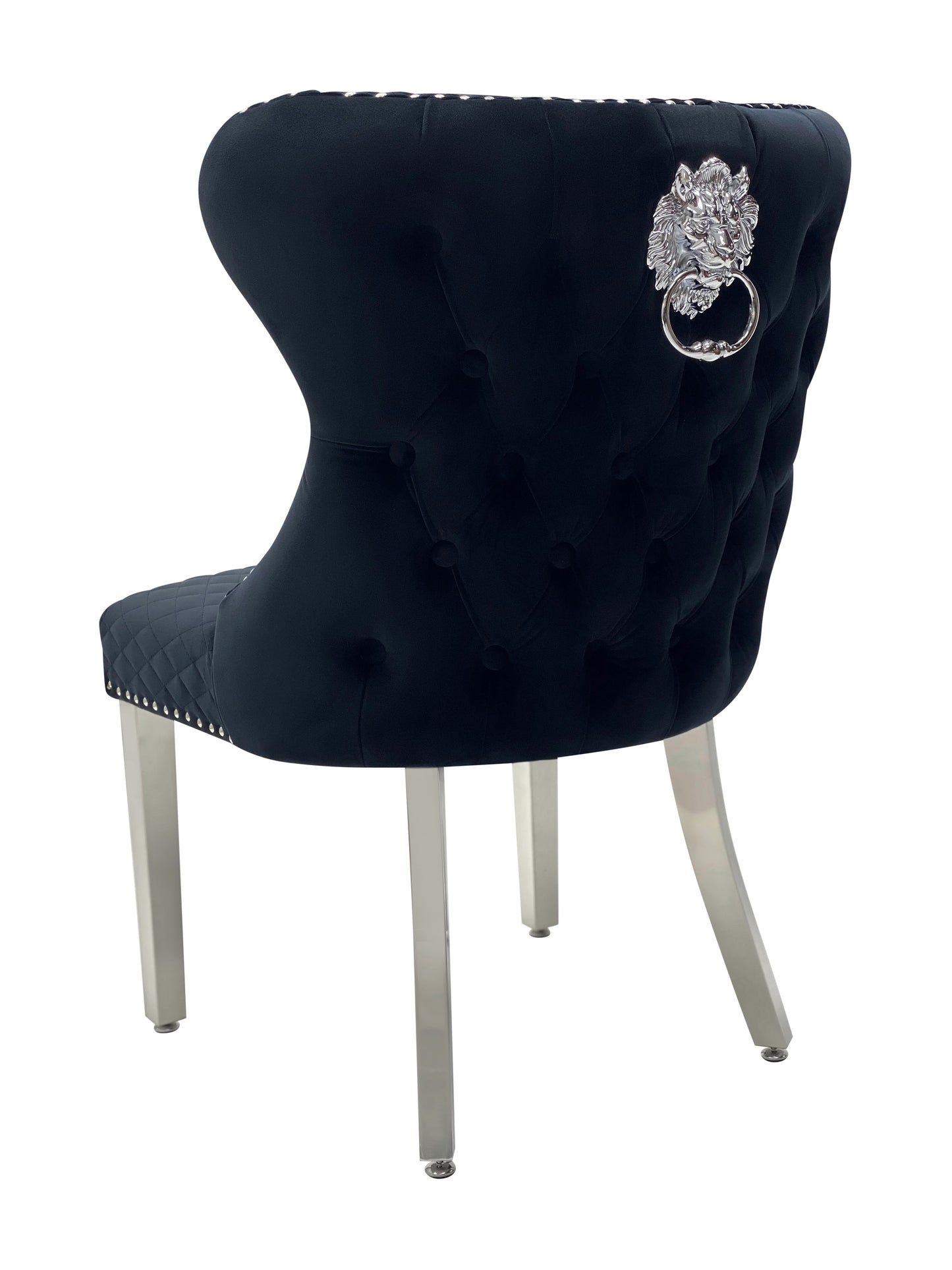 Dining Chair in Black Plush Velvet Lion Knocker Head Lewis Buttoned Back Quilted Front Studs on the Edge with Chrome Legs (Set of 2 chairs)
