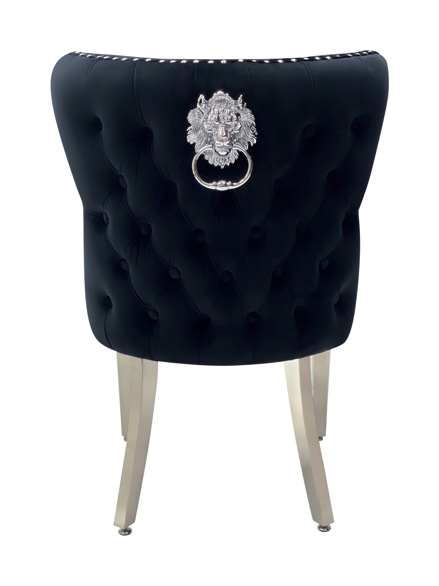 Dining Chair in Black Plush Velvet Lion Knocker Head Lewis Buttoned Back Quilted Front Studs on the Edge with Chrome Legs (Set of 2 chairs)