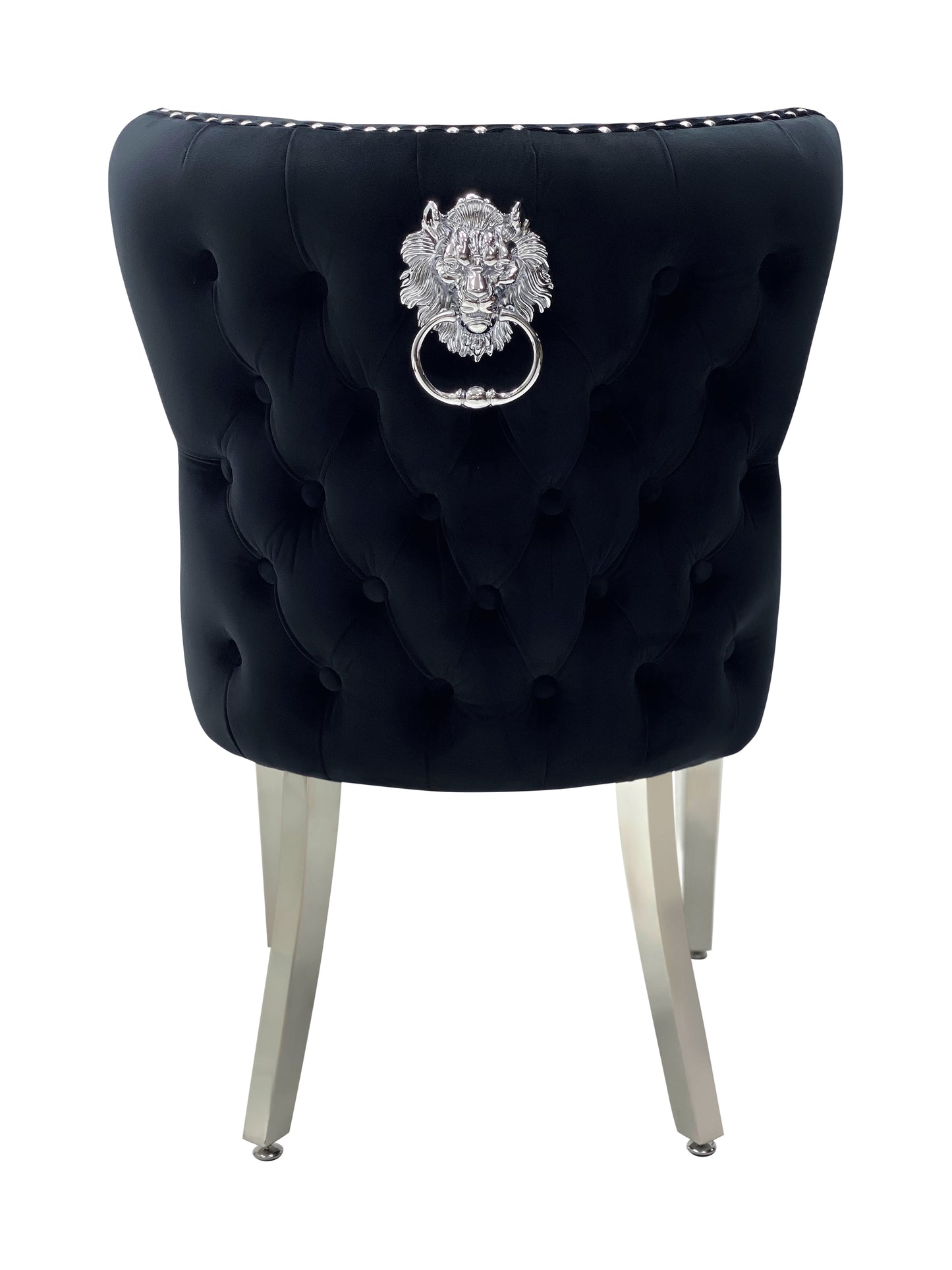 Dining Chair in Black Plush Velvet Lion Knocker Head Lewis Buttoned Back Quilted Front Studs on the Edge with Chrome Legs (Set of 2 chairs)