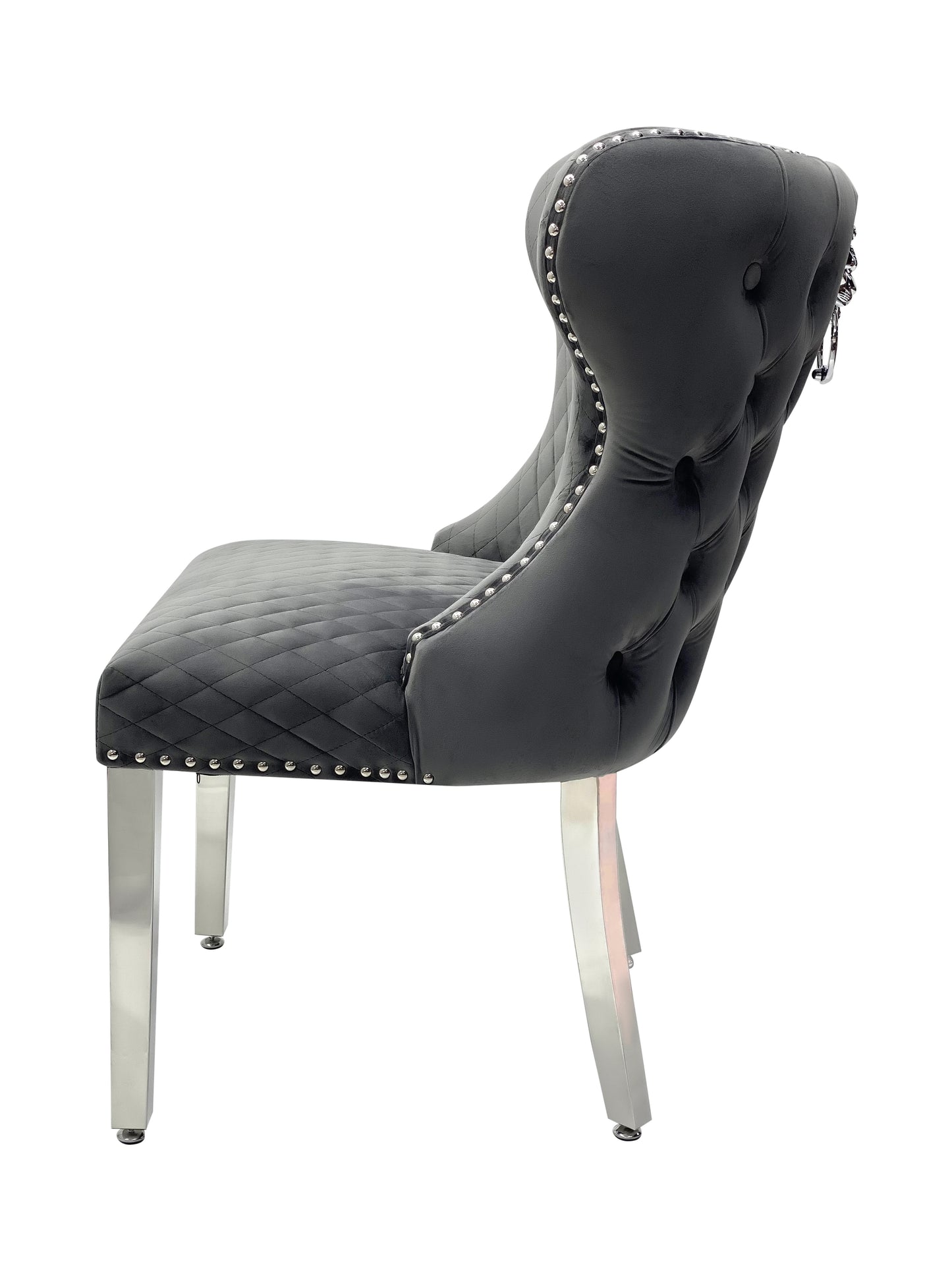 Dining Chair in Black Plush Velvet Lion Knocker Head Lewis Buttoned Back Quilted Front Studs on the Edge with Chrome Legs (Set of 2 chairs)