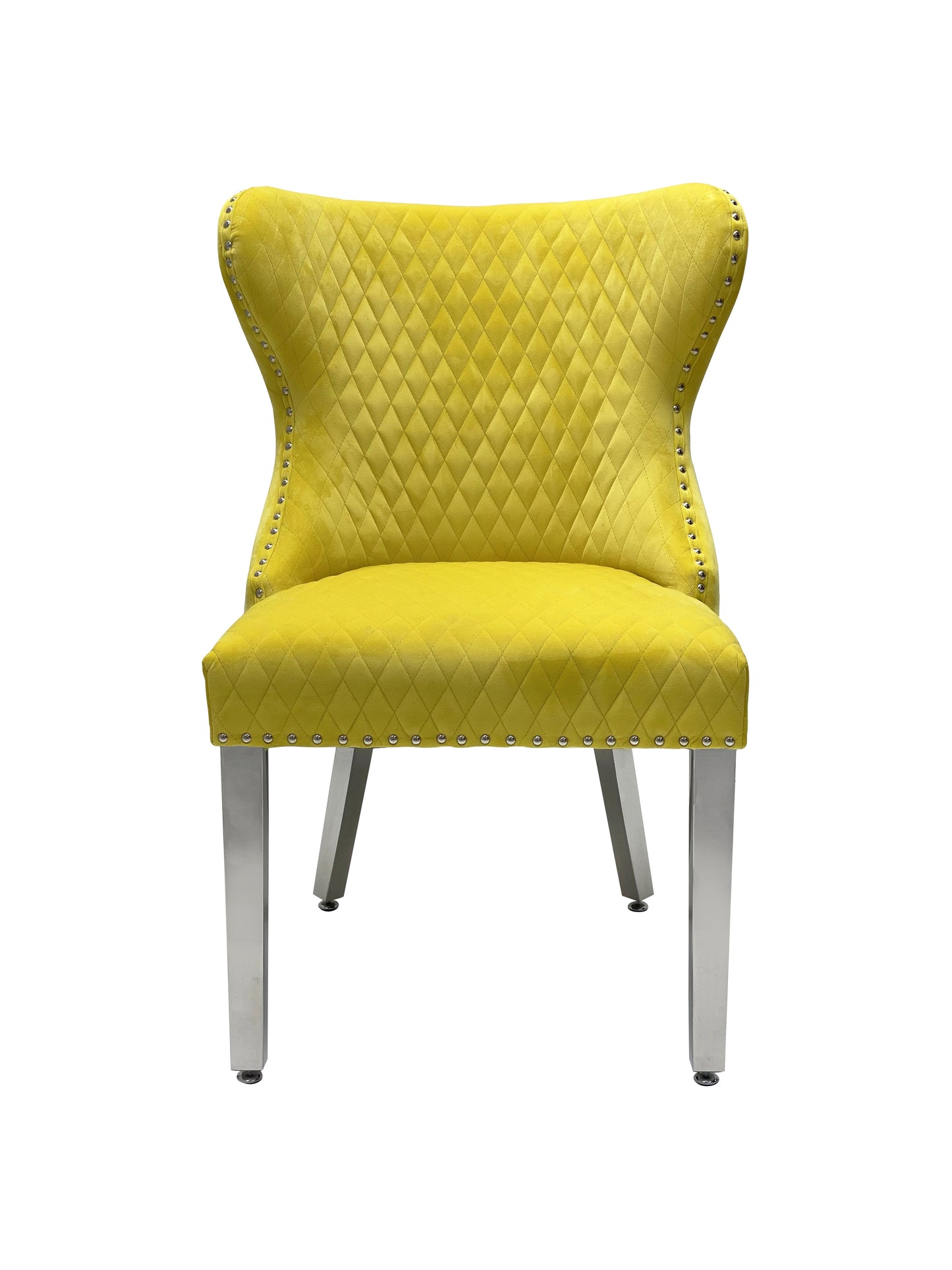 Dining Chair in Mustard Plush Velvet Lion Knocker Head Lewis Buttoned Back Quilted Front Studs on the Edge with Chrome Legs (Set of 2 chairs)