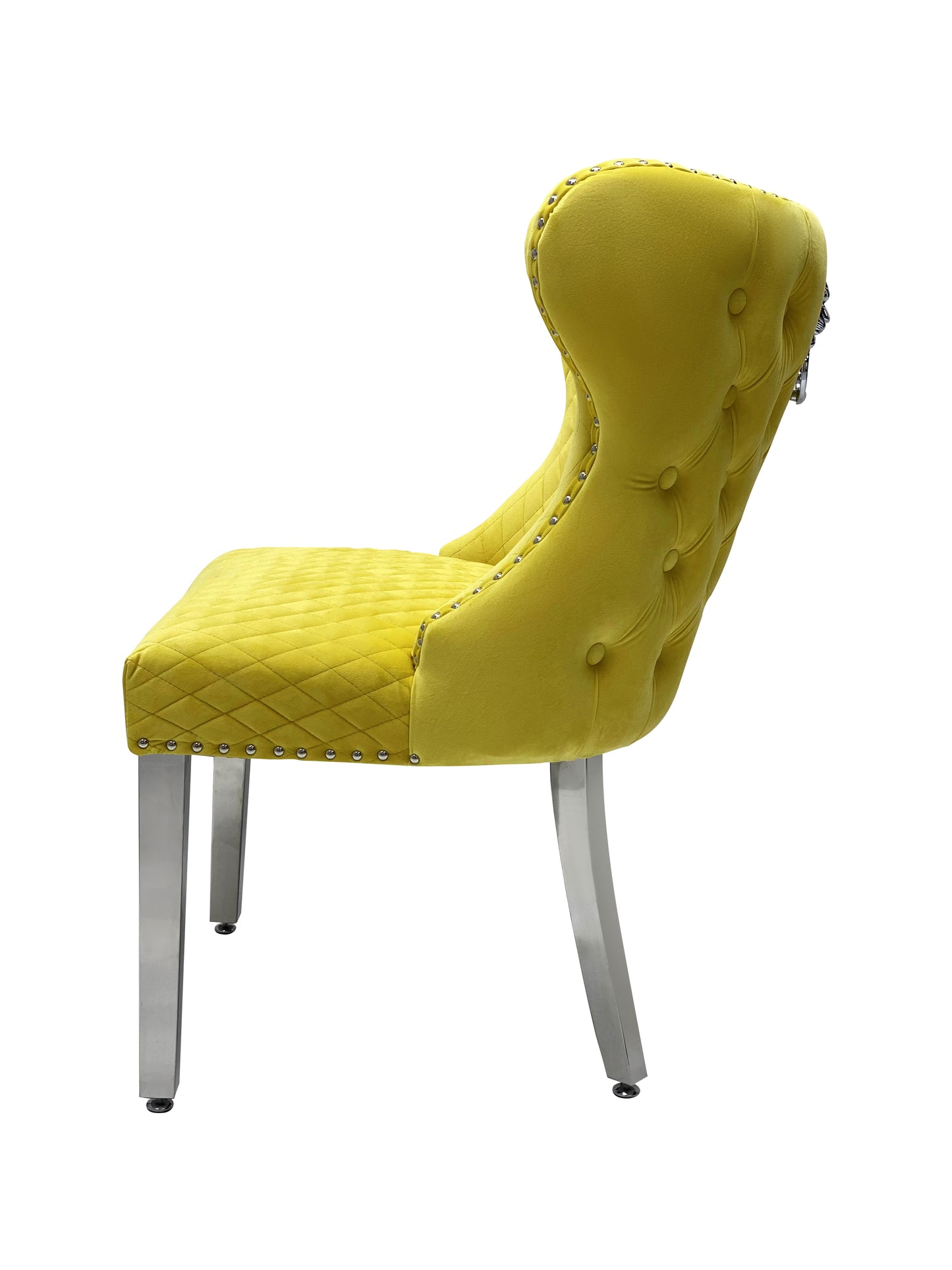 Dining Chair in Mustard Plush Velvet Lion Knocker Head Lewis Buttoned Back Quilted Front Studs on the Edge with Chrome Legs (Set of 2 chairs)