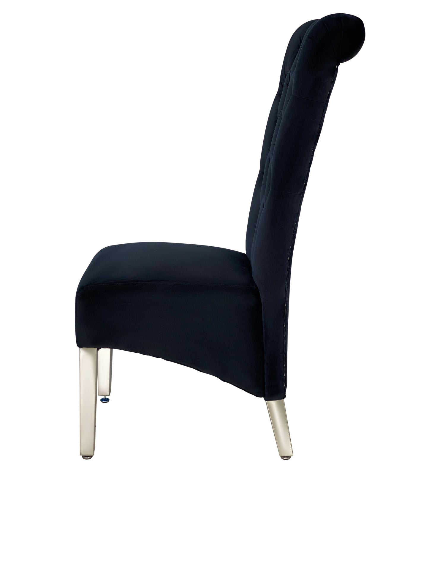 Sofa Dining Chair in Black velvet Fabric Lion Knocker Back with Chrome Polished Steel Legs (Set of 2 chairs)