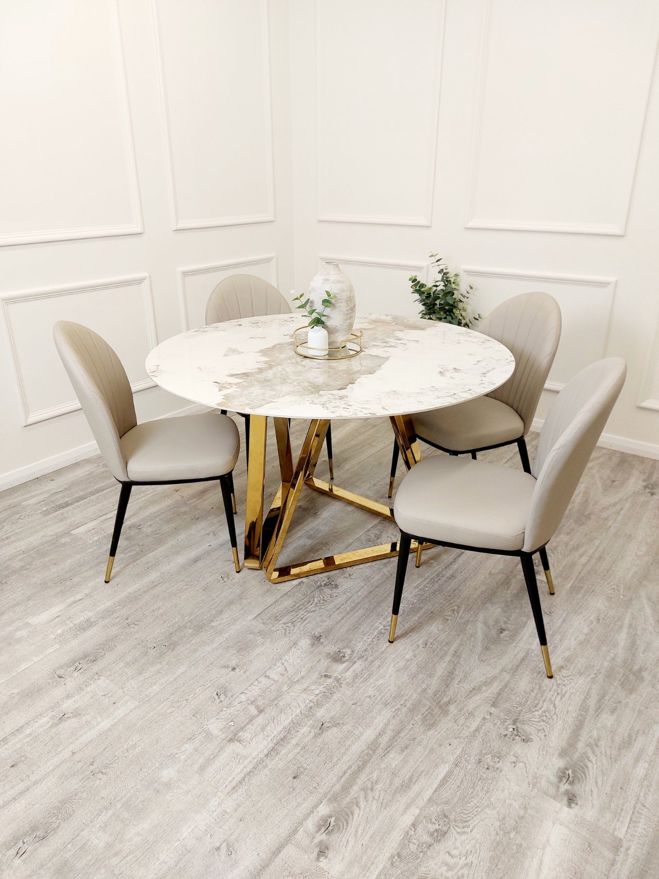 Nero Gold 1.3 Rounded Dining Marble Table With Sintered Stone Top And Gold Legs