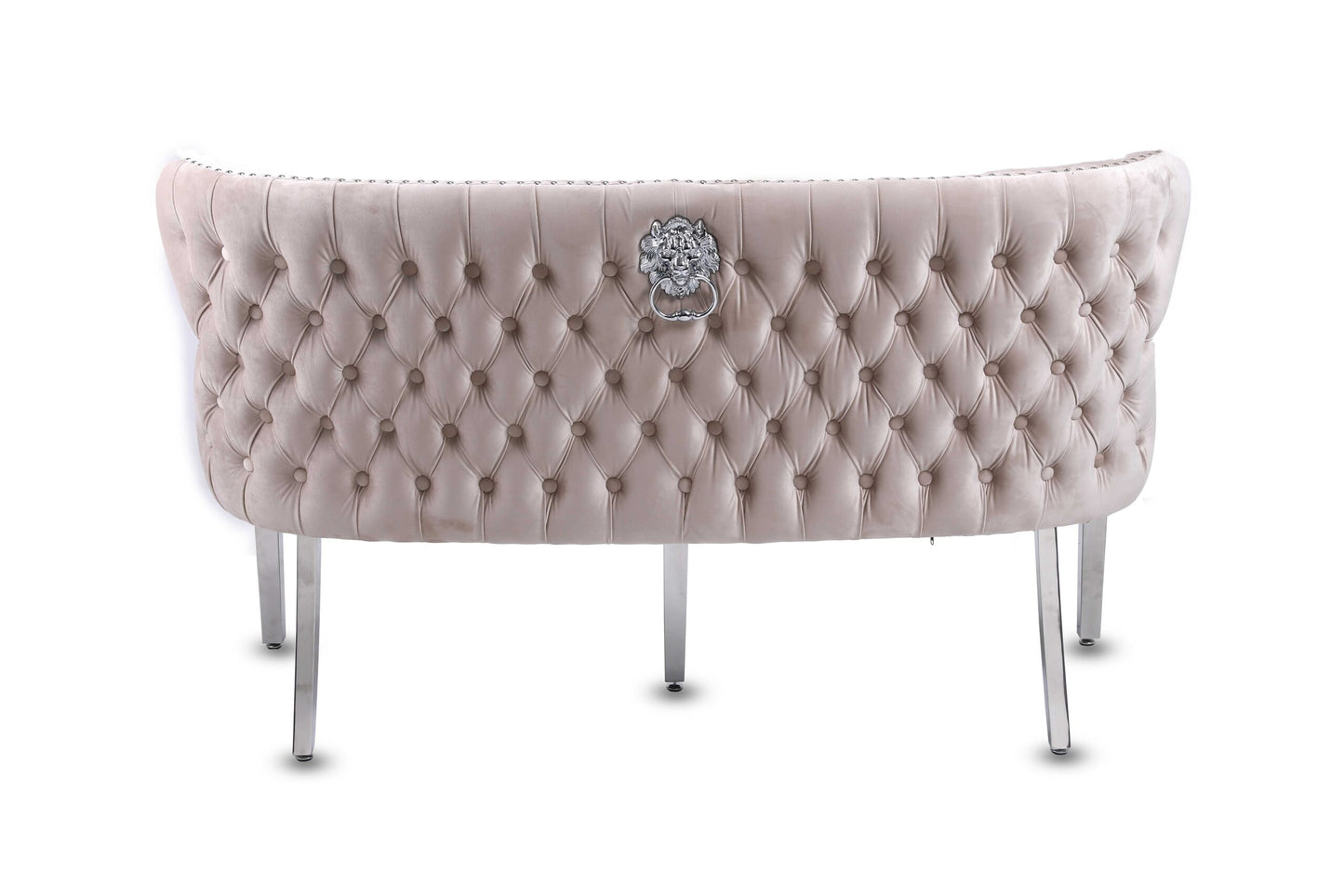 Valentino Dining Bench Quilted Front Lion Knocker Tufted Back Plush Velvet Fabric with Chrome Silver Legs