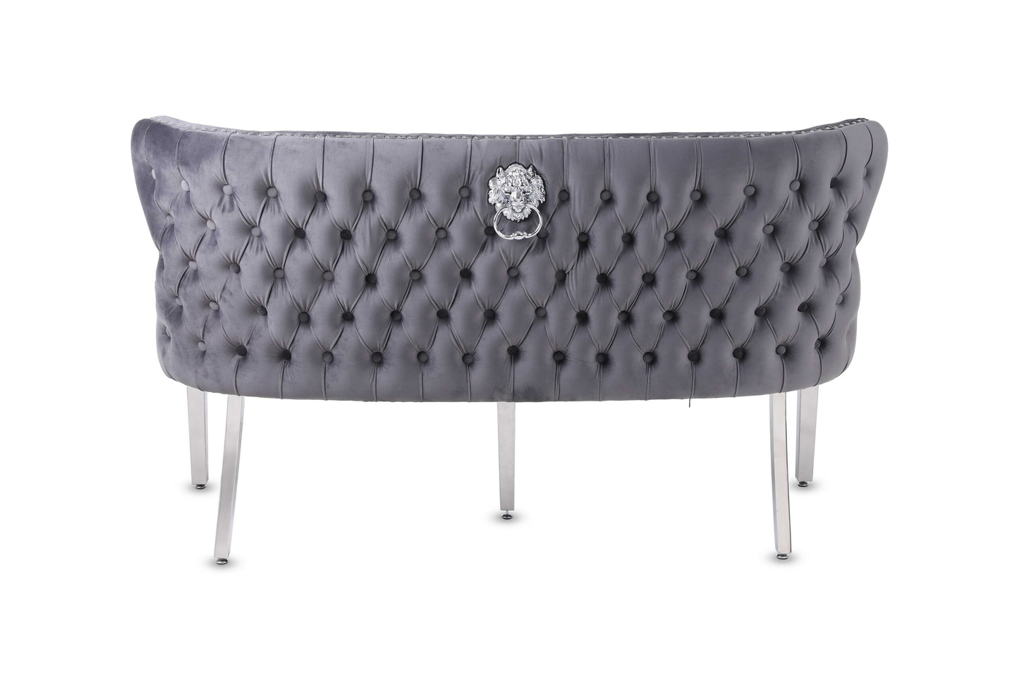 Valentino Dining Bench Quilted Front Lion Knocker Tufted Back Plush Velvet Fabric with Chrome Silver Legs
