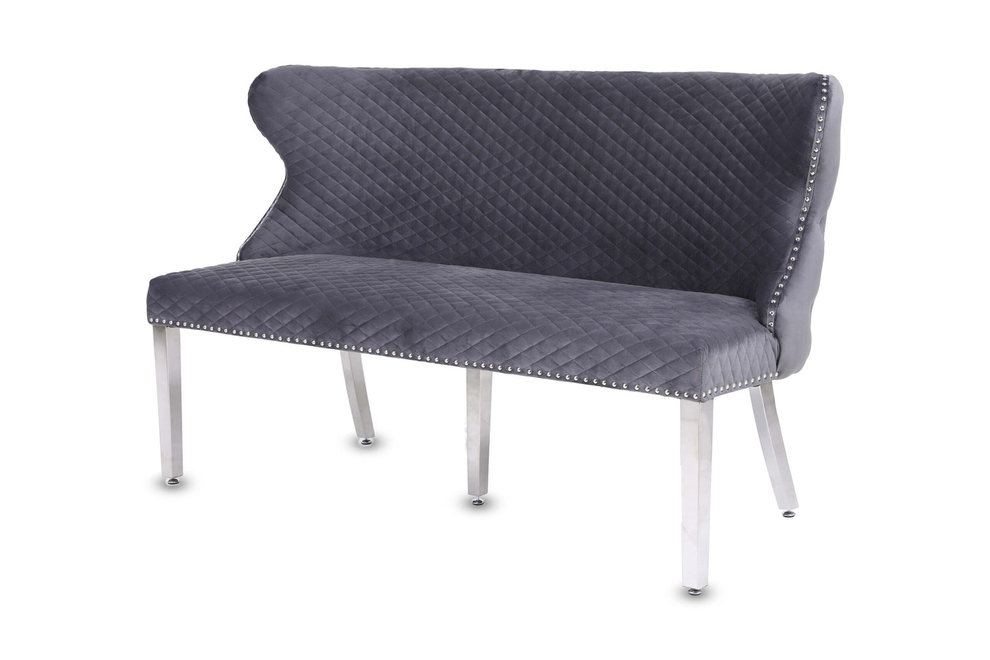 Valentino Dining Bench Quilted Front Lion Knocker Tufted Back Plush Velvet Fabric with Chrome Silver Legs