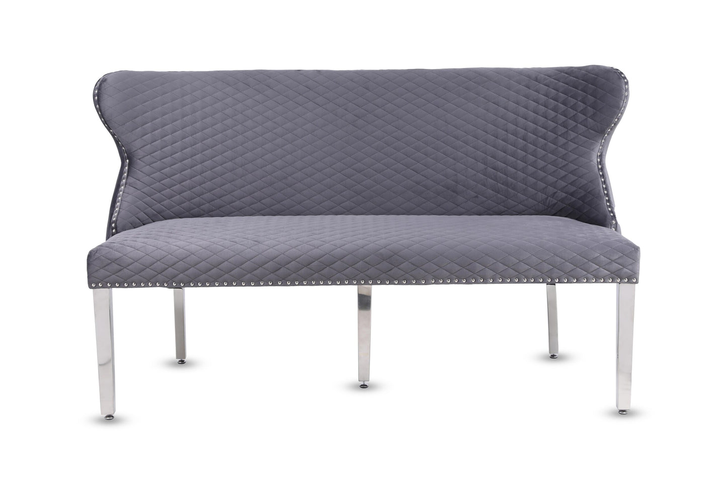 Valentino Dining Bench Quilted Front Lion Knocker Tufted Back Plush Velvet Fabric with Chrome Silver Legs
