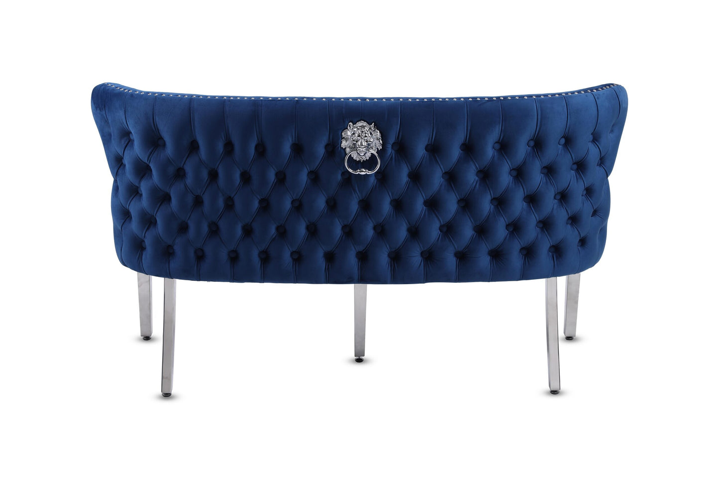 Valentino Dining Bench Quilted Front Lion Knocker Tufted Back Plush Velvet Fabric with Chrome Silver Legs