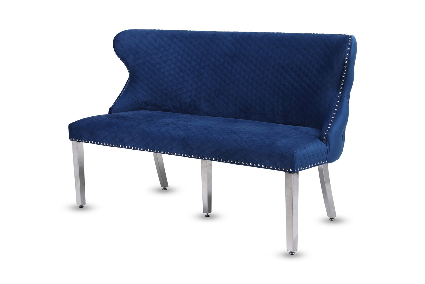 Valentino Dining Bench Quilted Front Lion Knocker Tufted Back Plush Velvet Fabric with Chrome Silver Legs