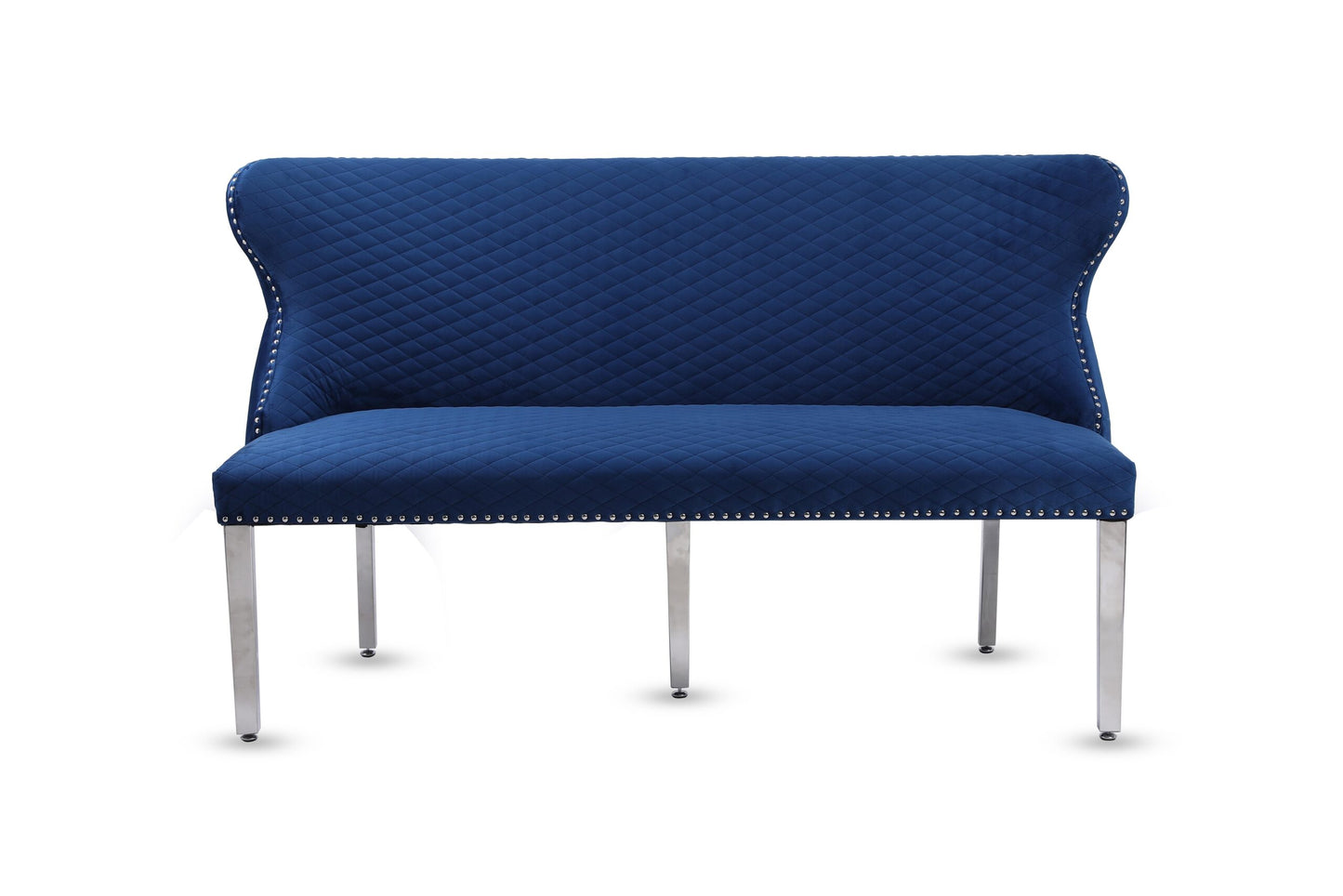 Valentino Dining Bench Quilted Front Lion Knocker Tufted Back Plush Velvet Fabric with Chrome Silver Legs