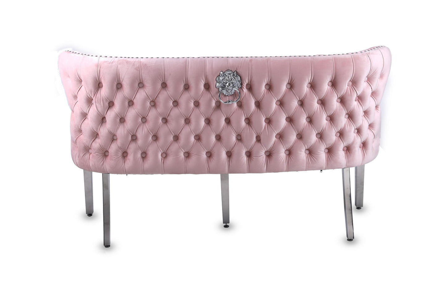Valentino Dining Bench Quilted Front Lion Knocker Tufted Back Plush Velvet Fabric with Chrome Silver Legs