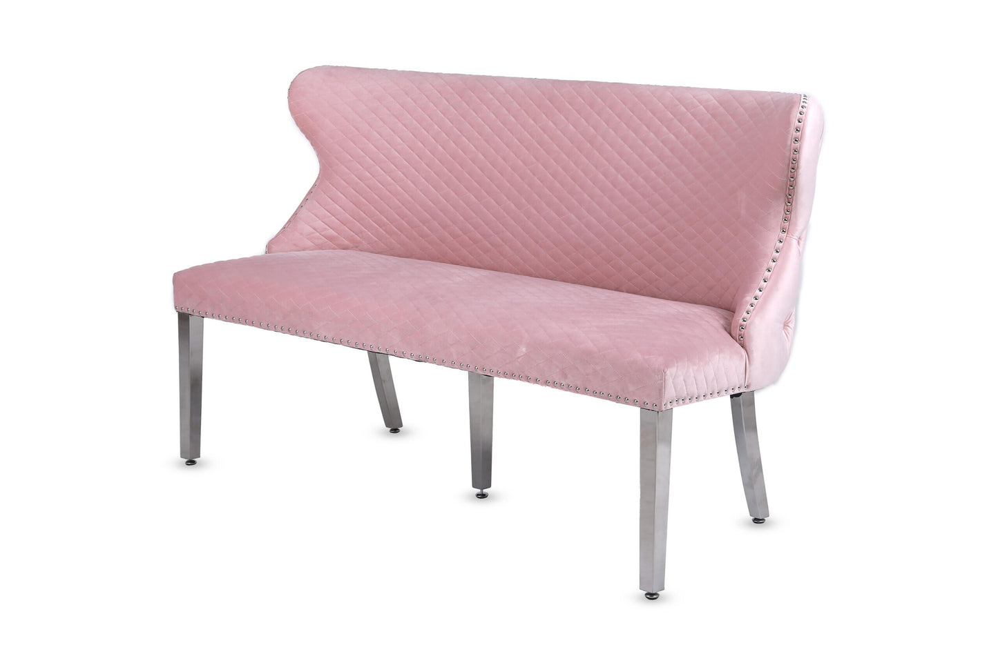 Valentino Dining Bench Quilted Front Lion Knocker Tufted Back Plush Velvet Fabric with Chrome Silver Legs
