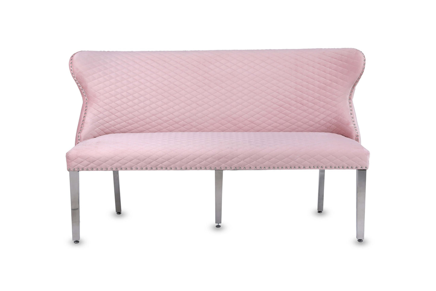 Valentino Dining Bench Quilted Front Lion Knocker Tufted Back Plush Velvet Fabric with Chrome Silver Legs