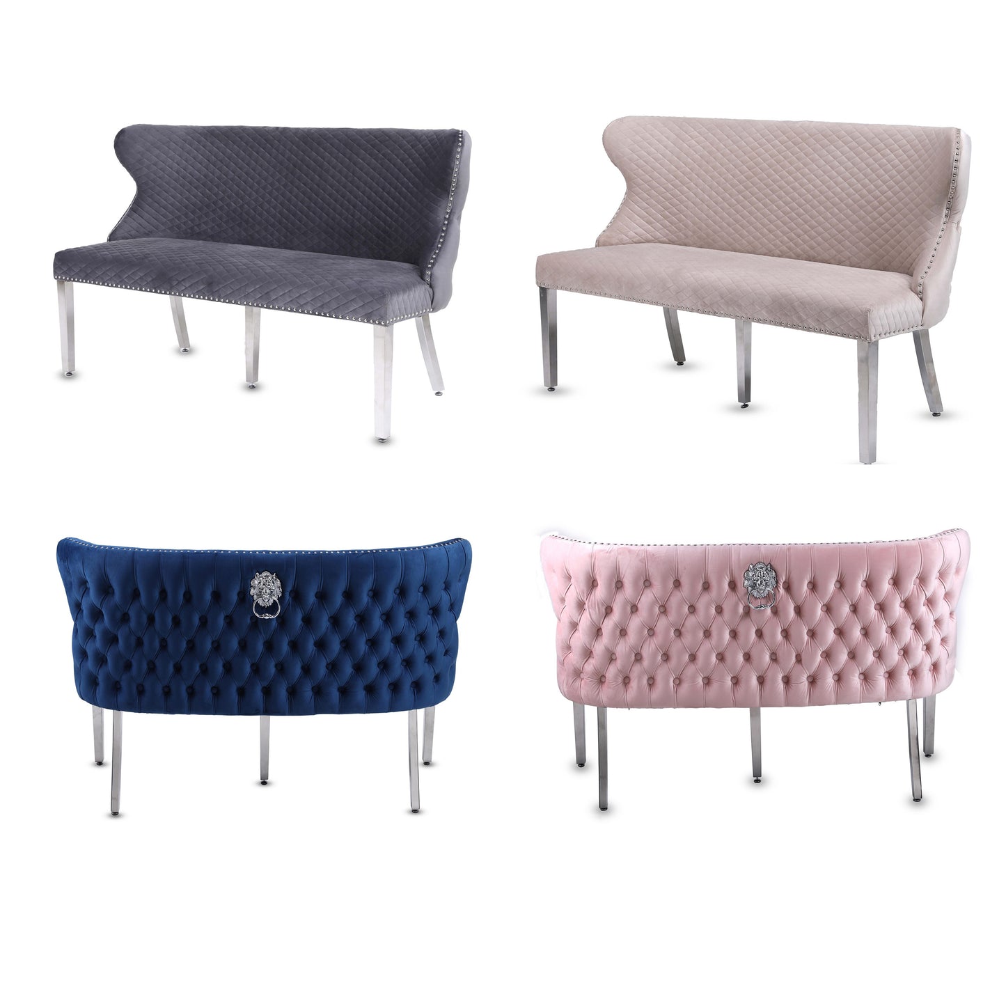 Valentino Dining Bench Quilted Front Lion Knocker Tufted Back Plush Velvet Fabric with Chrome Silver Legs