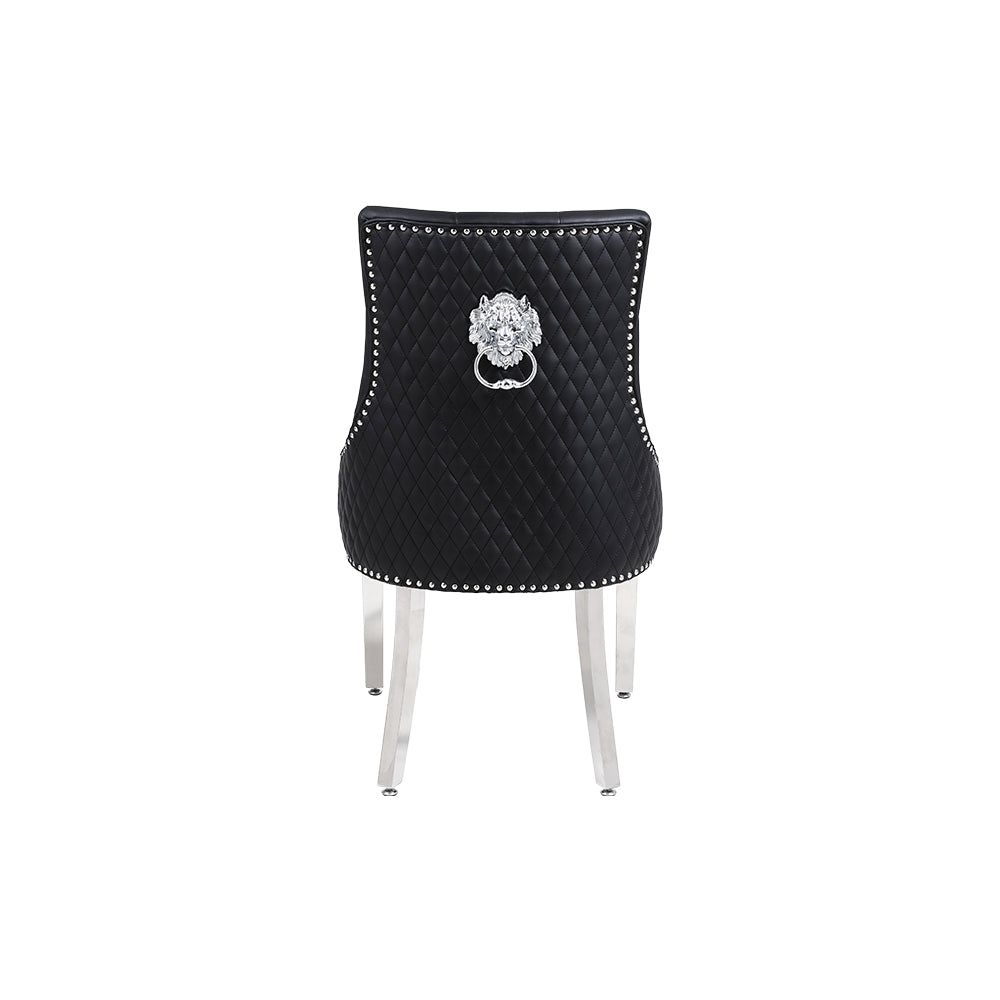 Majestic Dining Chairs in Midnight Black Pu Leather Lion Knocker Back With Chrome Polished Steel Legs (Set of 2 Chairs)