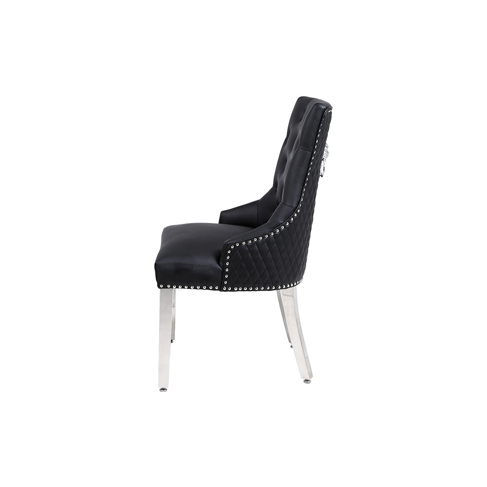 Majestic Dining Chairs in Midnight Black Pu Leather Lion Knocker Back With Chrome Polished Steel Legs (Set of 2 Chairs)