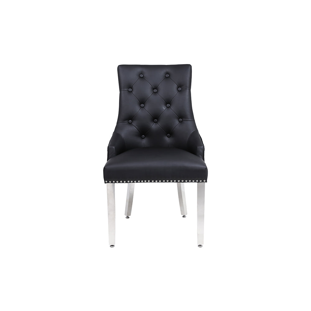 Majestic Dining Chairs in Midnight Black Pu Leather Lion Knocker Back With Chrome Polished Steel Legs (Set of 2 Chairs)