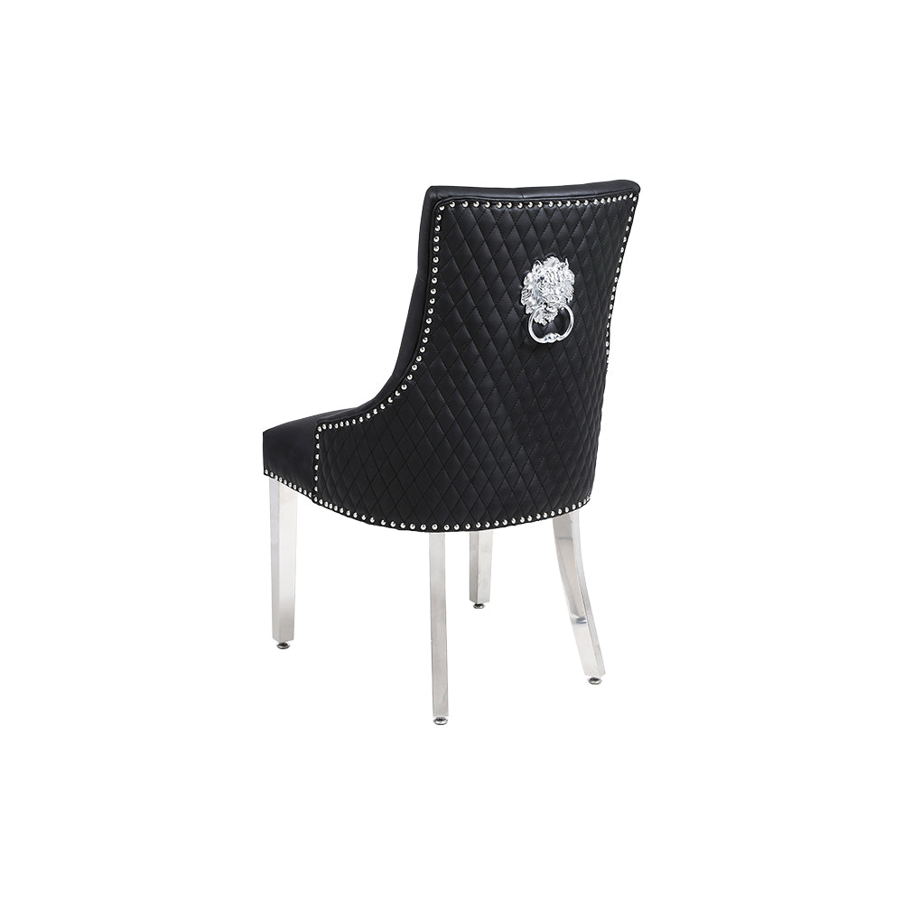 Majestic Dining Chairs in Midnight Black Pu Leather Lion Knocker Back With Chrome Polished Steel Legs (Set of 2 Chairs)