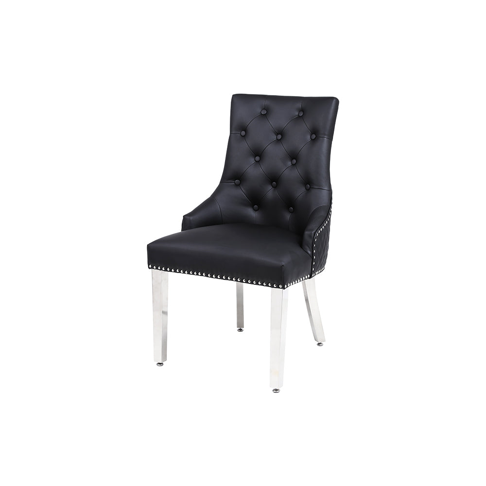 Majestic Dining Chairs in Midnight Black Pu Leather Lion Knocker Back With Chrome Polished Steel Legs (Set of 2 Chairs)