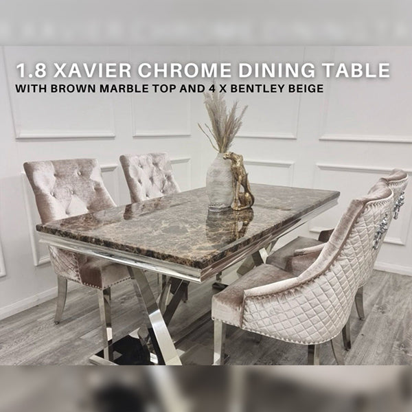 1.8m Xavia Chrome Marble Dining Table With 4 x Bentley Beige Chairs