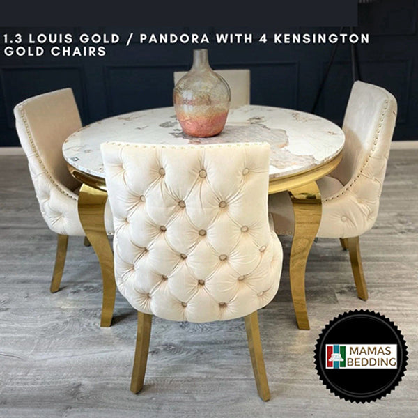 1.3m Louis Gold Pandora Dining Marble Table With 4x Kensington Gold Chairs