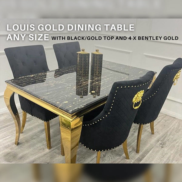 Louis Gold Dining Marble Table With 4x Bentley Gold Chairs