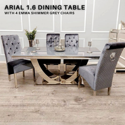 Arial 1.6m Marble Dining Table With 4x Emma Shimmer Grey Chairs