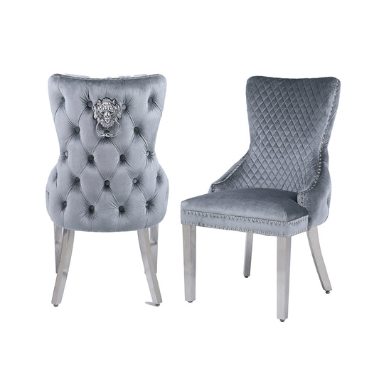 Victoria Velvet Fabric Dining Chair in Grey Silver Lion Knocker Back with Chrome Polished Steel Legs (Set of 2 chairs)