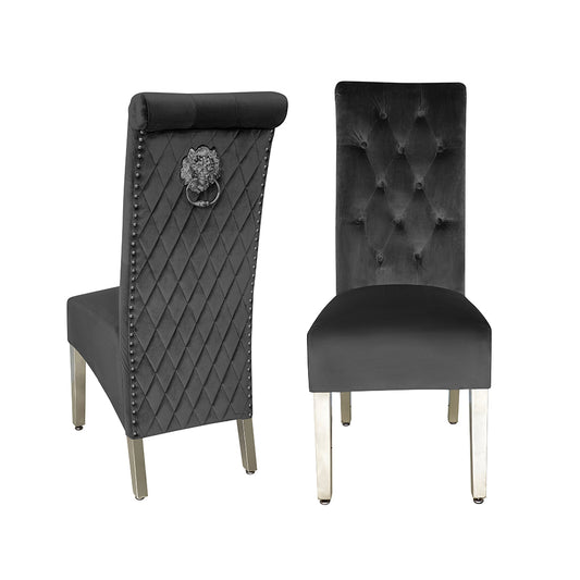 Sofa Dining Chair in Grey velvet Fabric Lion Knocker Back with Chrome Polished Steel Legs (Set of 2 chairs)