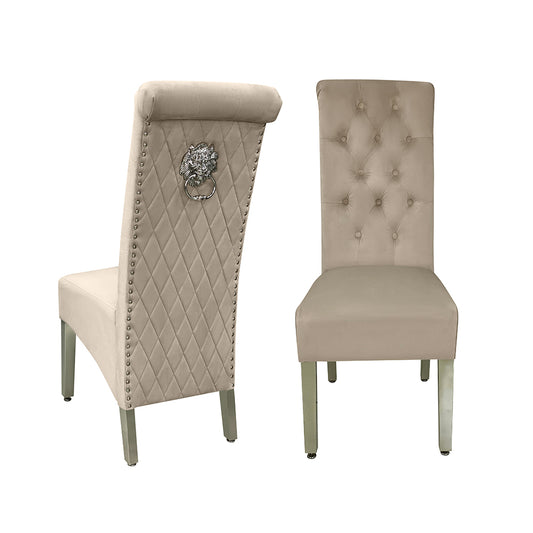 Sofa Dining Chair in Mink velvet Fabric Lion Knocker Back with Chrome Polished Steel Legs (Set of 2 chairs)