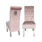 Sofa Dining Chair in Pink velvet Fabric Lion Knocker Back with Chrome Polished Steel Legs (Set of 2 chairs)