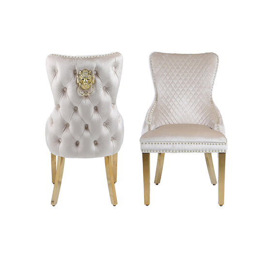 Victoria Velvet Fabric Dining Chair in Cream Gold Lion Knocker Back with Chrome Polished Steel Legs (Set of 2 chairs)