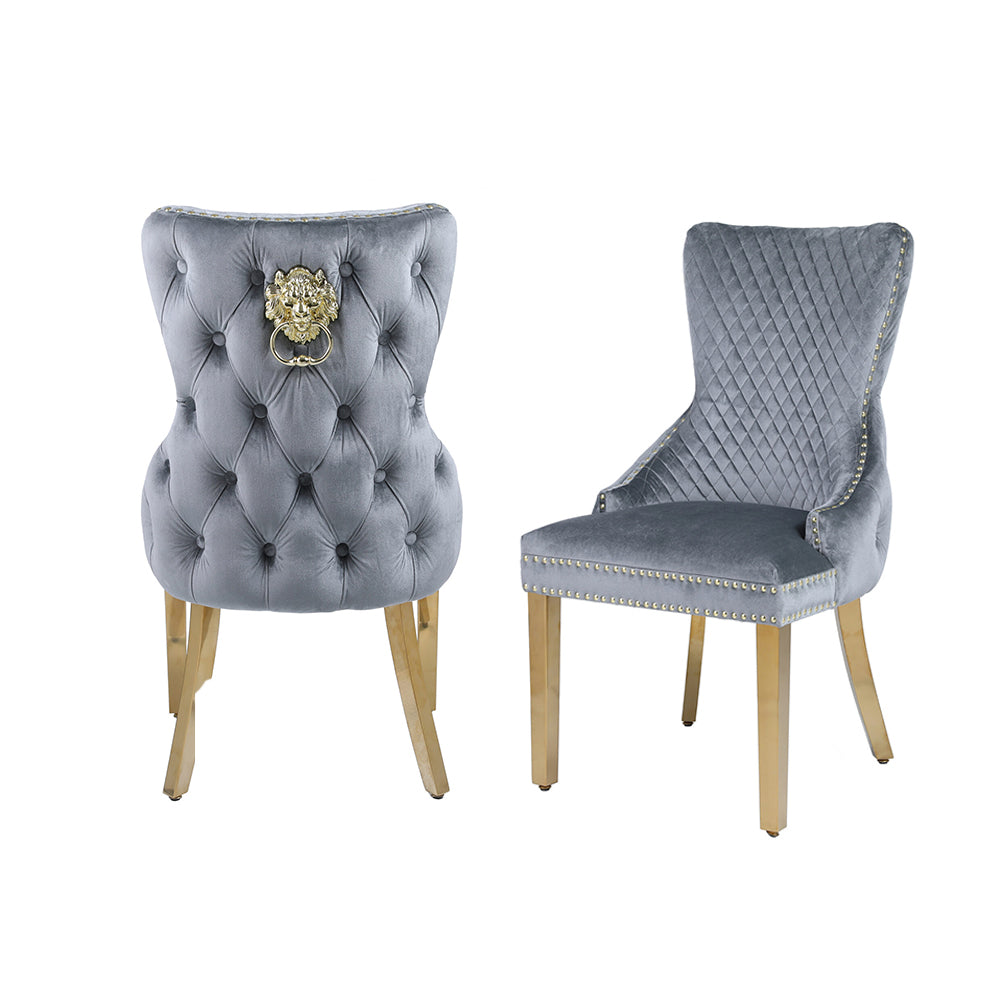 Victoria Velvet Fabric Dining Chair in Grey Gold Lion Knocker Back with Chrome Polished Steel Legs (Set of 2 chairs)
