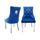Majestic Dining Chairs in Navy Plush Velvet Fabric Lion Knocker Back With Chrome Polished Steel Legs (Set of 2 Chairs)