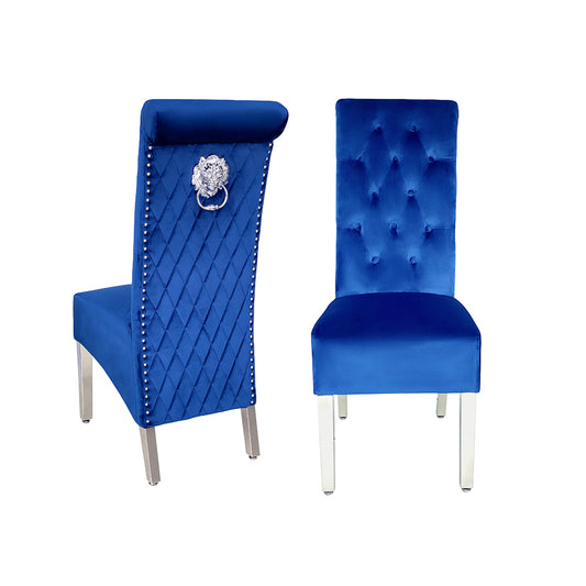 Sofa Dining Chair in Navy velvet Fabric Lion Knocker Back with Chrome Polished Steel Legs (Set of 2 chairs)