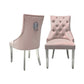 Majestic Dining Chairs in Pink Plush Velvet Fabric Lion Knocker Back With Chrome Polished Steel Legs (Set of 2 Chairs)