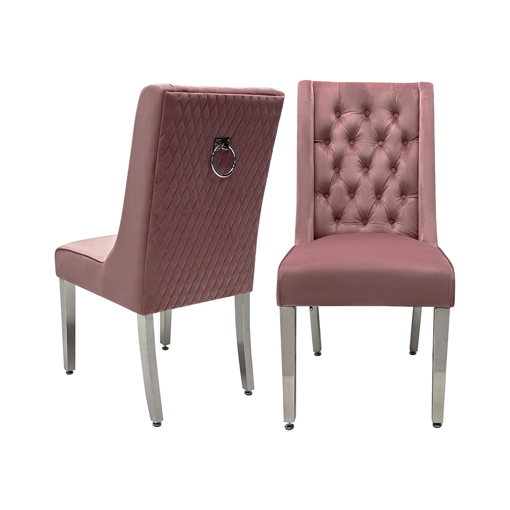 Kyoto Dining Chair Velvet Fabric Tufted Front Pink Color with Chrome Legs (Set of 2)