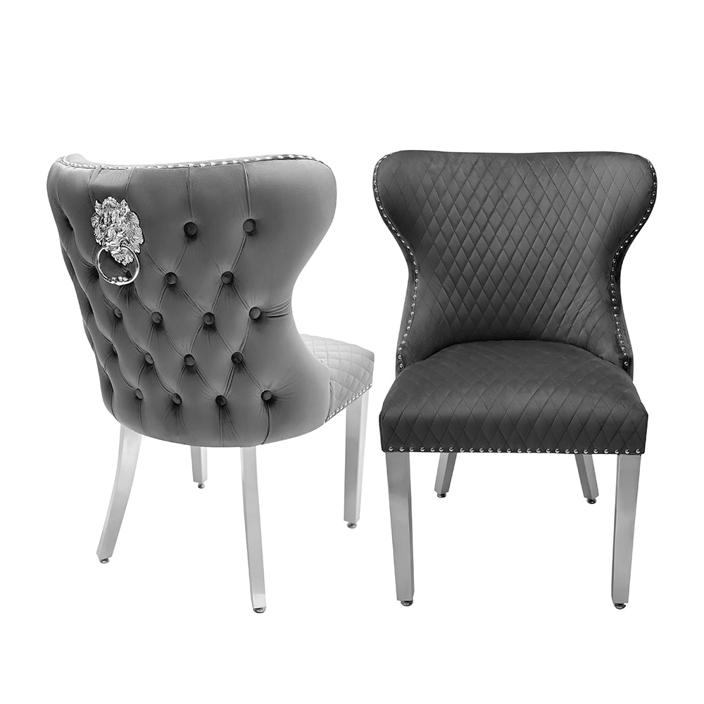 Dining Chair in Grey Plush Velvet Lion Knocker Head Lewis Buttoned Back Quilted Front Studs on the Edge with Chrome Legs (Set of 2 chairs)