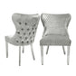 Dining Chair in HQ Brushed Silver Plush Velvet Lion Knocker Head Lewis Buttoned Back Quilted Front Studs on the Edge with Chrome Legs (Set of 2 chairs)